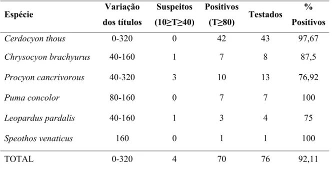 Tabela 3 - Lista das espécies de carnívoros selvagens testadas para a presença de anticorpos contra o  Parvovírus Canino,  variação  dos títulos obtidos, número de indivíduos suspeitos  (10≥Título≥40), número de indivíduos positivos (Título≥80), número de 