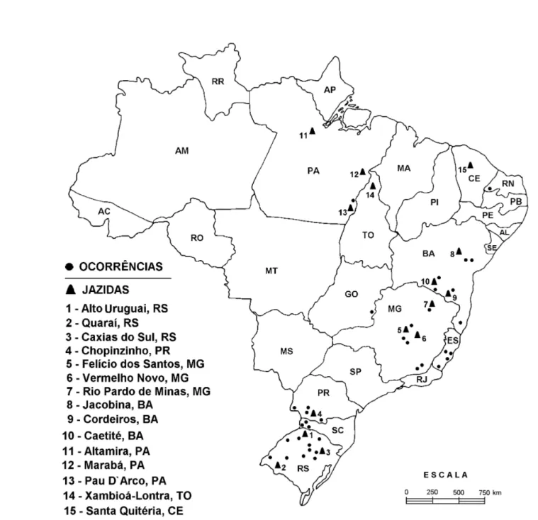 Figura 2 - Localização geográfica dos principais depósitos de ametista do Brasil. 