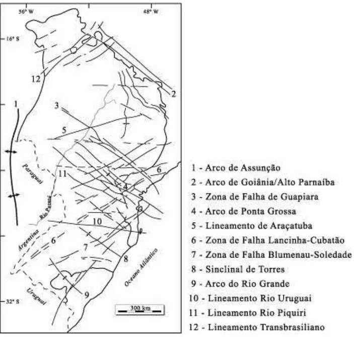 Figura 5 - Mapa estrutural da Bacia do Paraná, onde são mostrados os principais lineamentos  atualmente identificáveis