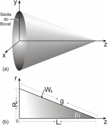 Figura 2.5 Formato do núcleo líquido cônico. (a) Superfície do núcleo líquido em 3D. (b) Secção  longitudinal de rotação do cone ao redor do eixo “z”