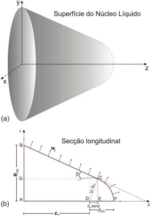 Figura 2.8 Formato esquemático do novo núcleo líquido quase-paraboloidal. (a) Superfície do núcleo  líquido