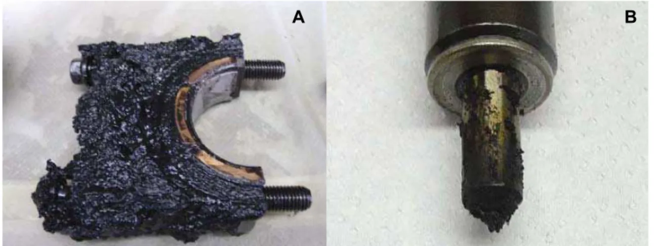 Figura 5  –  Peças de um motor submetido à utilização de óleo vegetal bruto. A – mancal do virabrequim