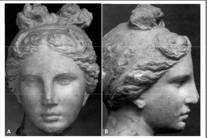 Figura  1.  A  e  B,  Face  de  Afrodite  (século  IV  a.  C.),  tradução  dos  ideais  estéticos  gregos  (PECK; 