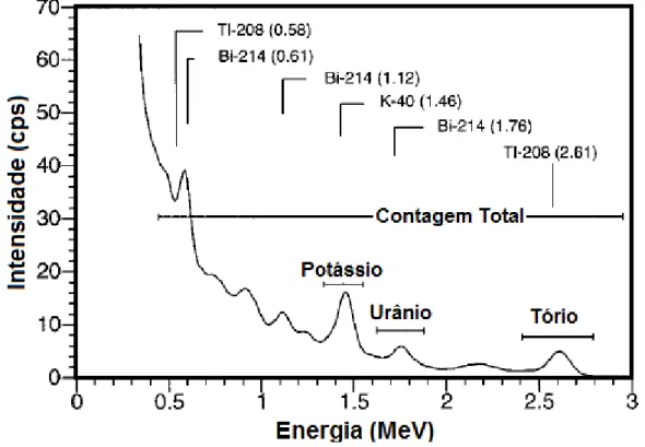 Figura 5.3 - Espectro de radiação gama indicando a faixa de energia e seus  radionuclídeos  