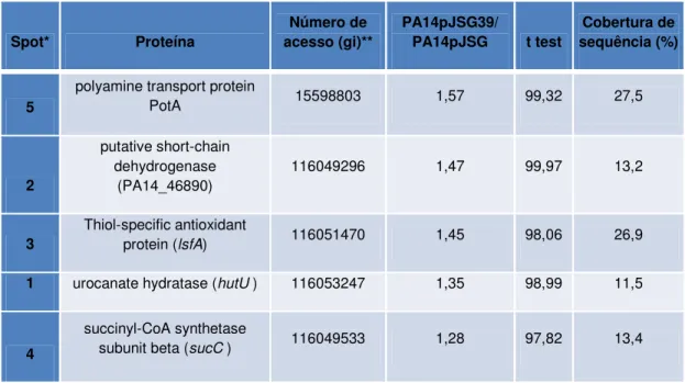 Tabela 3. “Spots” identificados no gel bidimensional comparando-se as linhagens  PA14/pJSG e PA14/pJSG39