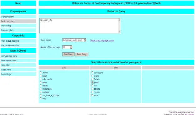 Figura 1: Pesquisa do lema nominal ‘poder’ com opção restricted query 