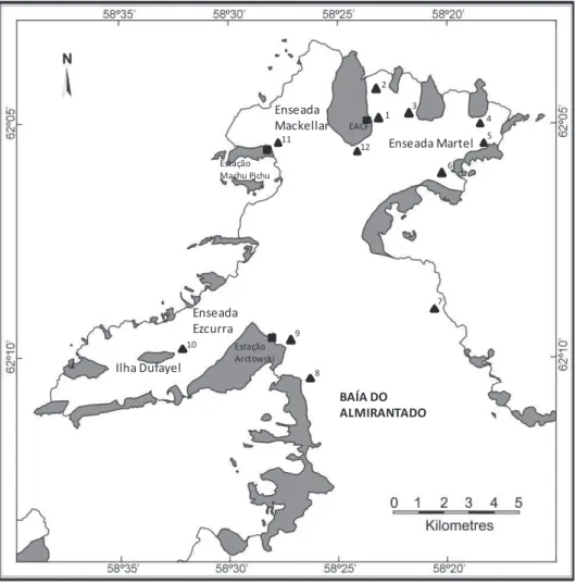 Figura 03. Baía do Almirantado com as estações e áreas de coleta. Adaptado de  Simões et al., 2004