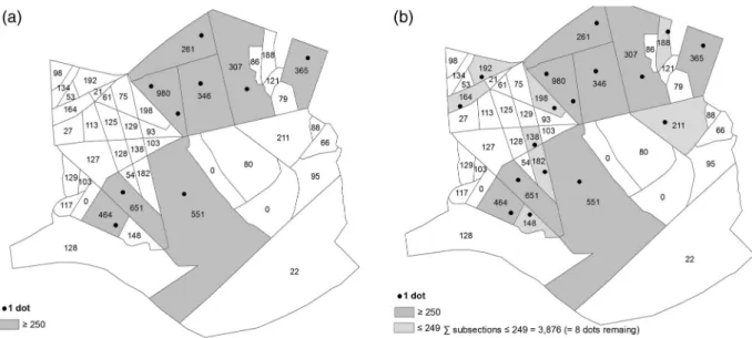 Figure 5. (a) Subsections with more than 250 = 1 dot; (b) subsections with more than 250 = 1 dot plus subsections that resulted from the addition of remaining dots