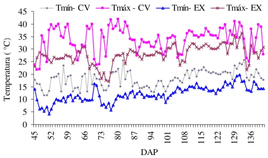 Figura 2 - Variação de temperatura máxima (Tmáx) e mínima (Tmín) dentro de casa de vegetação  (CV) e fora de estufa (EX) ao longo dos dias após o transplante (DAP), entre 28/06/07  a 02/10/07, em Piracicaba - SP 