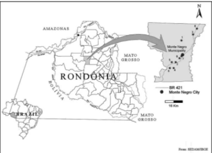 Fig. 1: map showing collecting points in Monte Negro municipality,  Rondônia, Brazil.