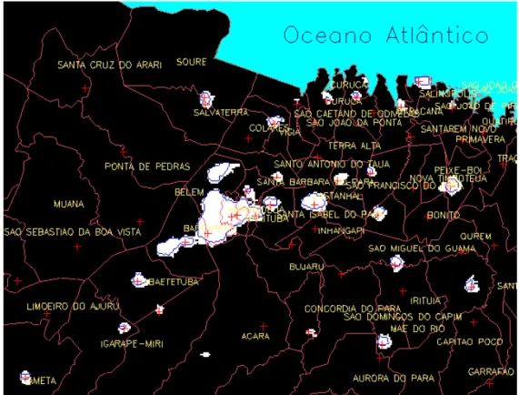 Figura 3.1 - Mosaico DMSP-1999 para a região de Belém (PA): limiar de 7%  em  branco e de 30% em azul