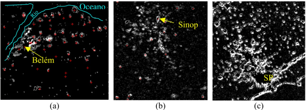 Figura 4.5 - Diferenças entre as imagens com e sem processamento para redução de  nuvens em (a) Belém - PA, (b) Sinop - MT e (c) São Paulo - SP