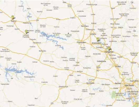 Figura 3 - Mapa das cidades onde a autora nasceu, estudou e trabalha atualmente  Fonte: Google Maps 