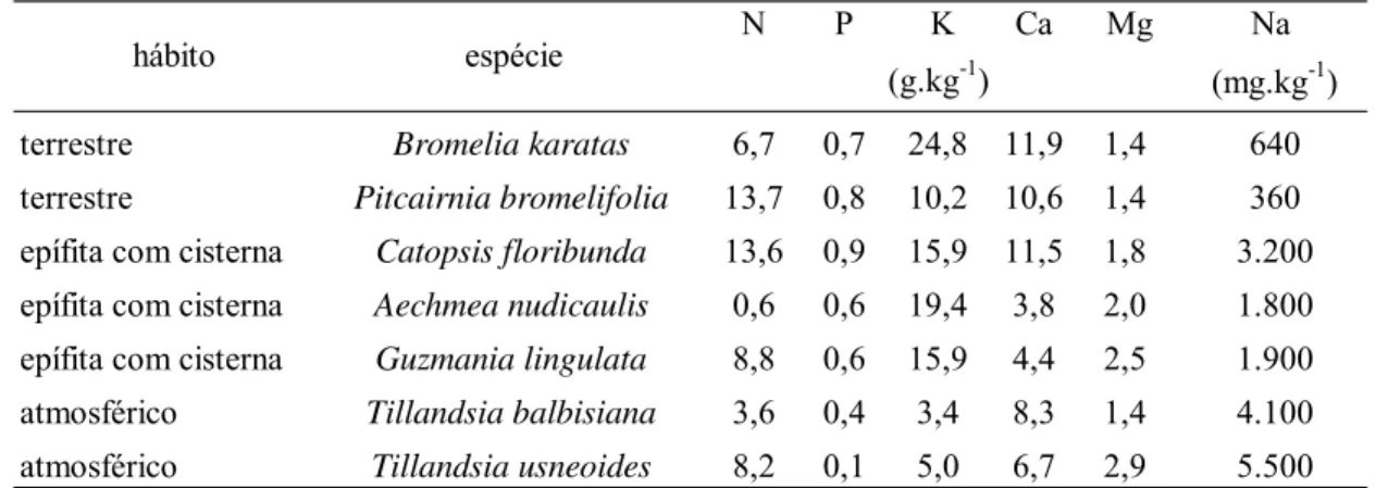 Tabela 2. Composição química das folhas de Bromeliaceae em função das três formas de  nutrição 