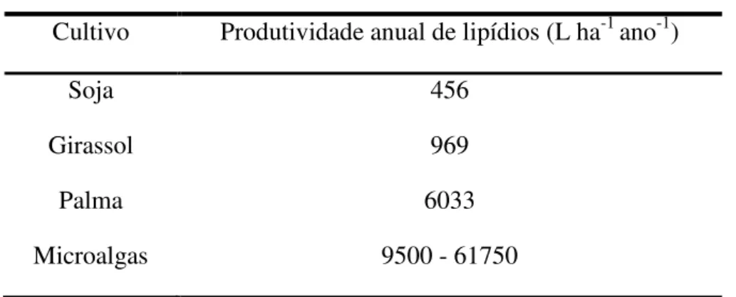 Tabela 1: Comparação da produtividade de lipídios entre diferentes cultivos. 