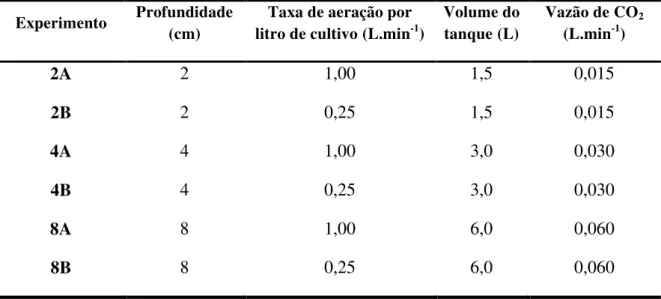 Tabela 4: Desenho experimental: variação de profundidade, taxa de aeração, volume do  tanque, vazão de ar e vazão de CO 2  para a produção de biomassa de N
