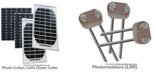 Figure 4: Sensores de luz (c´elulas fotovoltaicas `a esquerda e foto-resistˆencias `a direita).