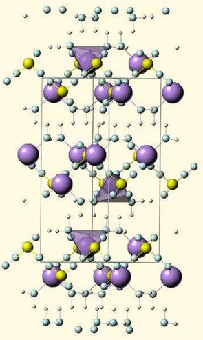 Figura 4 - Projeção da estrutura cristalina  do gesso ao longo do eixo c (9)  onde se notam as moléculas de  água fazendo ligação de  hidrogênio entre as camadas  (Layer 1, 2, 3 e 4)