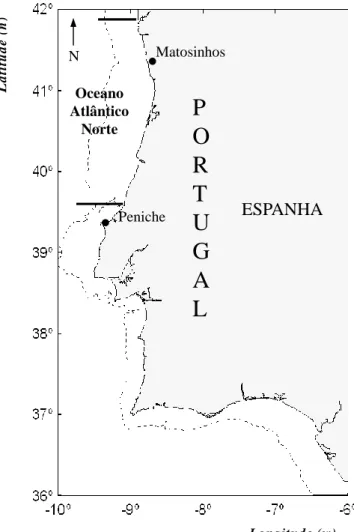 Figura  1.2  - Delimitação  dos limites da  costa Ocidental Norte, a Norte (Rio Minho) e a  Sul  (Canhão da Nazaré) e linhas batimétricas de 200 metros (Linha  tracejada)