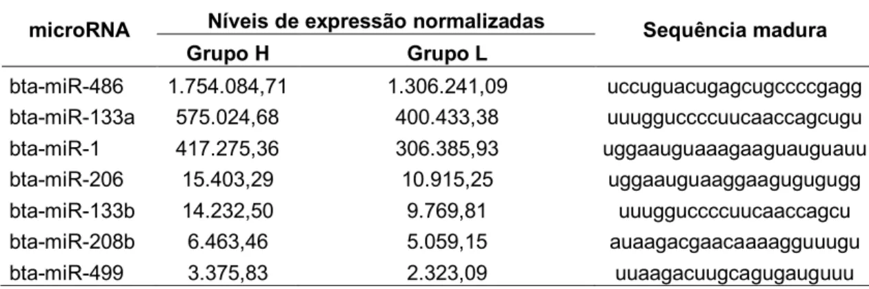 Tabela 3 - microRNAs específicos do músculo identificados nos animais do grupo com maiores e  menores valores de EBVFC14 ( Grupo H e L) 