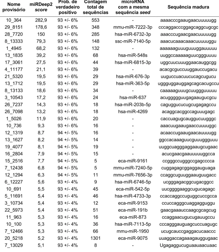 Tabela 4 - Novos microRNAs identificados nas amostras do músculo Longissimus dorsi de bovinos  Nelore com valores extremos de EBVFC14 