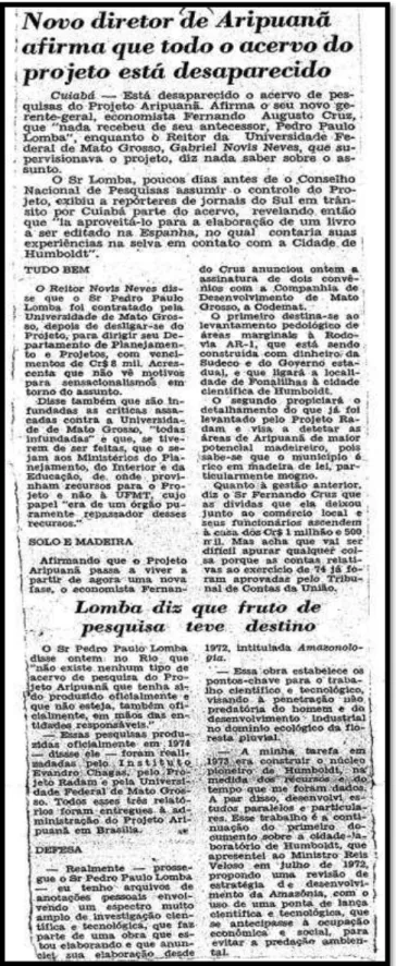 FIGURA 8  –  REPORTAGEM DO JORNAL DO BRASIL SOBRE O PROJETO  ARIPUANÃ  –  21/08/1975 