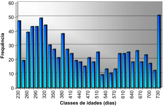 Figura 1 – Freqüência de distribuição das medidas de ultra-sonografia nas  classes de idade