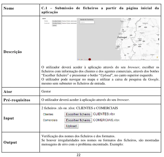 Tabela 1 - Caso de uso 1 - Submissão de ficheiros a partir da página inicial da aplicação 