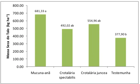 Figura  16  -  Massa  seca  do  talo  de  salsa  „Graúda  Portuguesa‟  sem  adubação  mineral  de  cobertura  em  função  dos  adubos verdes 
