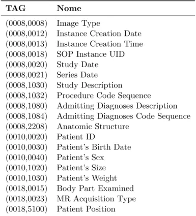 Tabela 2.1: Exemplos de metadados descritos no dicion´ario de dados do padr˜ao DICOM.