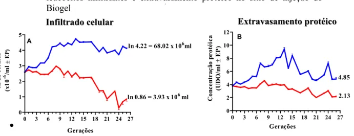 Figura 5 - Gráfico da divergência entre AIRmax ( ■ ) e AIRmin ( ■ ) no número médio de  leucócitos infiltrantes e extravasamento protéico no sítio de injeção do  Biogel  
