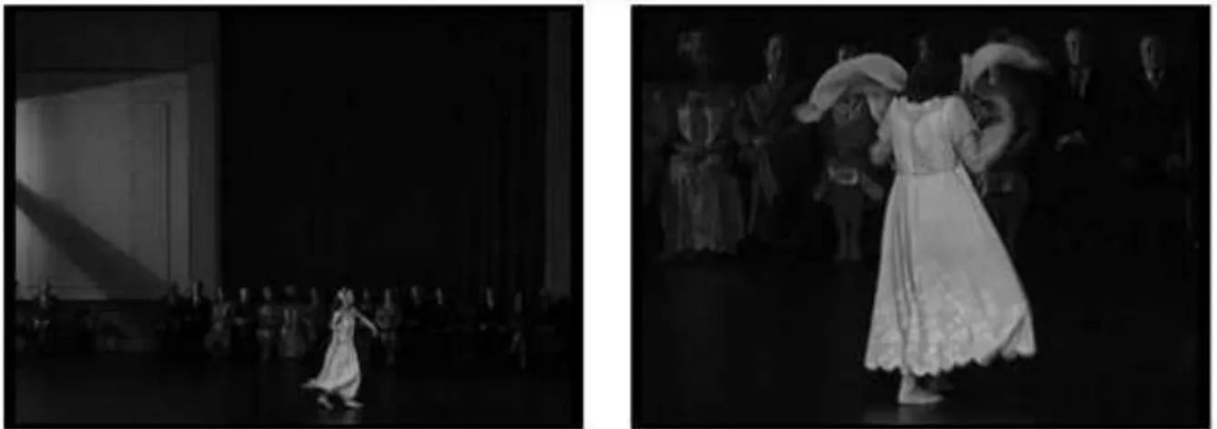 Ilustração 8  – Cena de “Kontakthof ab 65” onde todos dançatores estão sentados em linha e uma  dançatriz tenta animar a todos, dançando sozinha, sendo que ela desiste após ninguém acompanhá-la