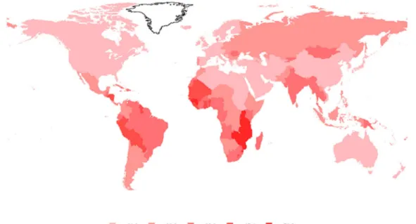 Figura 1 - Estimativa da incidência mundial de câncer cervical, razão por 100 mil mulheres