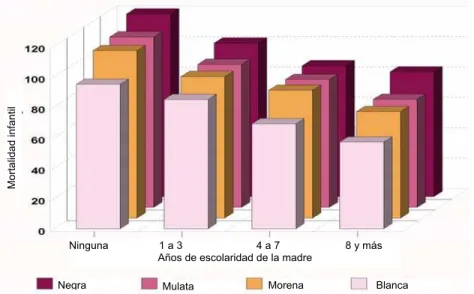Fig. 1. Mortalidad infantil por raza y años de escolaridad de la madre en Brasil 