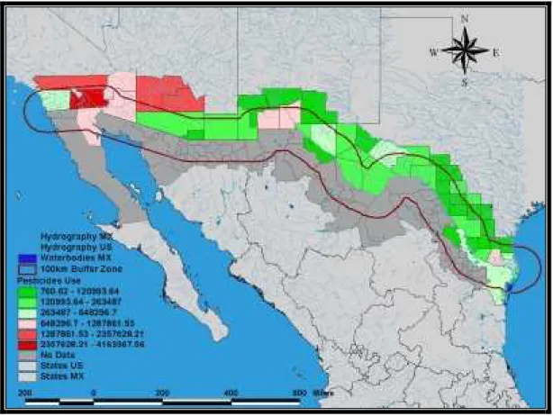 Figura 3.1. Mapa de muestra que enseña la cantidad de plaguicida usada en la frontera México- México-Estados Unidos