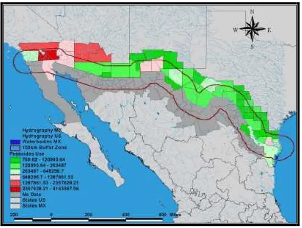 Figure 3.1. Sample Map showing amount of pesticide use in the US-Mexico Border  