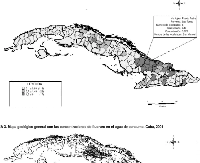 FIGURA 3. Mapa geológico general con las concentraciones de fluoruro en el agua de consumo