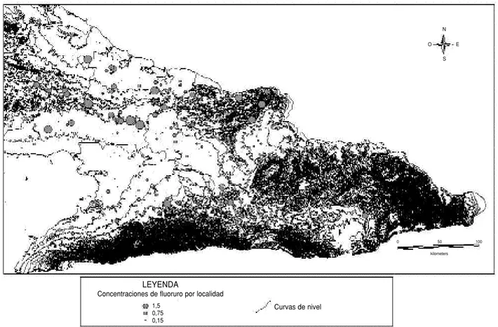 FIGURA 5. Mapa del relieve y de las localidades donde se estudiaron las concentraciones de fluoruro en el agua de consumo