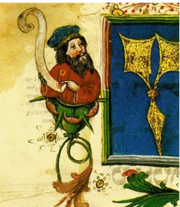 Figura 12: Judeu Alemão que exibe o  símbolo referente à sua religião: um  pequeno círculo amarelo chamado  la roulle, ou seja, o sinal corporal que  ilustram algo considerado negativo  (gravura de 1476)