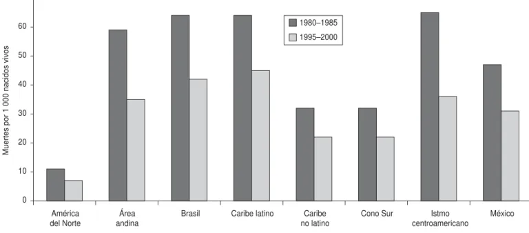 FIGURA 1. Tasa de mortalidad infantil por subregiones de las Américas entre 1980–1985 y 1995–2000