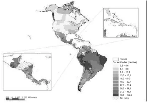 FIGURA 6. Mortalidad infantil (por 1 000 nacidos vivos) en países de las Américas, por unidades geográficas subnacionales de primer nivel, entre 1995–2000