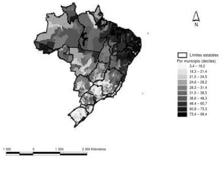 FIGURA 10. Analfabetismo femenino (%) en Brasil, por unidades geográficas subnacionales de segundo nivel en 1998, y áreas de reserva indígena
