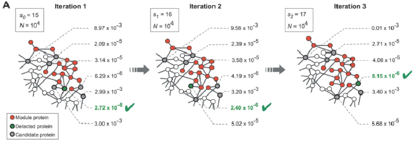 Figure 3.2- DIAMOnD algorithm. At each iteration the most significantly connected node, with lowest p-value, is added to  the module