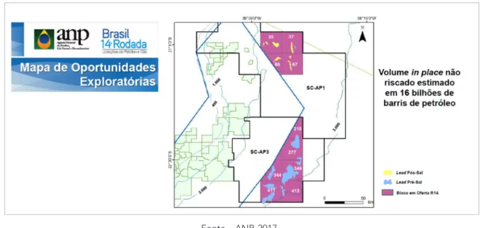 Figura 1 – Interpretação ANP das áreas a licitar no pré-sal, setor SC-AP3, em seminário técnico da 14ª rodada.