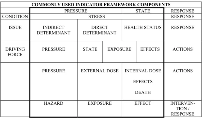 Figure 1.  Examples of Commonly Used Frameworks for Indicator Organization   (adapted from Eyles and Furgal, 2000) 
