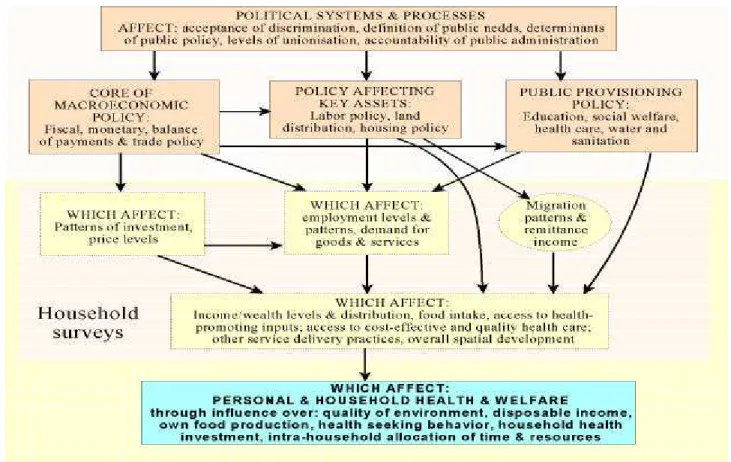 Figure 1 represents a very simplified model of a complex chain of determinations. Social inequalities lead to inequities in living conditions and health care (accessibility, use, quality), as well as in health expenditure; these, in turn, interact to cause