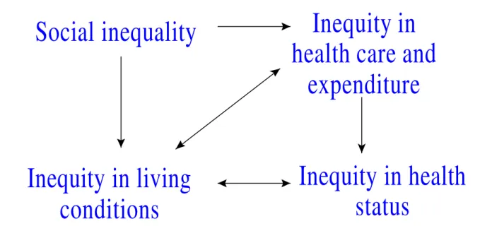 Figure 1  – Simplified diagram depicting the relationships between social inequities and inequities in living conditions, health status, health care access, and expenditure .