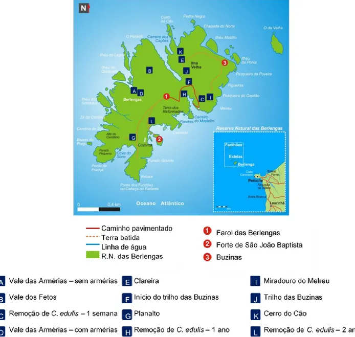 Figura  2.4  Mapa  da  zona  de  recolha  das  amostras  de  solo  de  diversas  zonas  de  interesse  das  ilhas  da  Berlenga