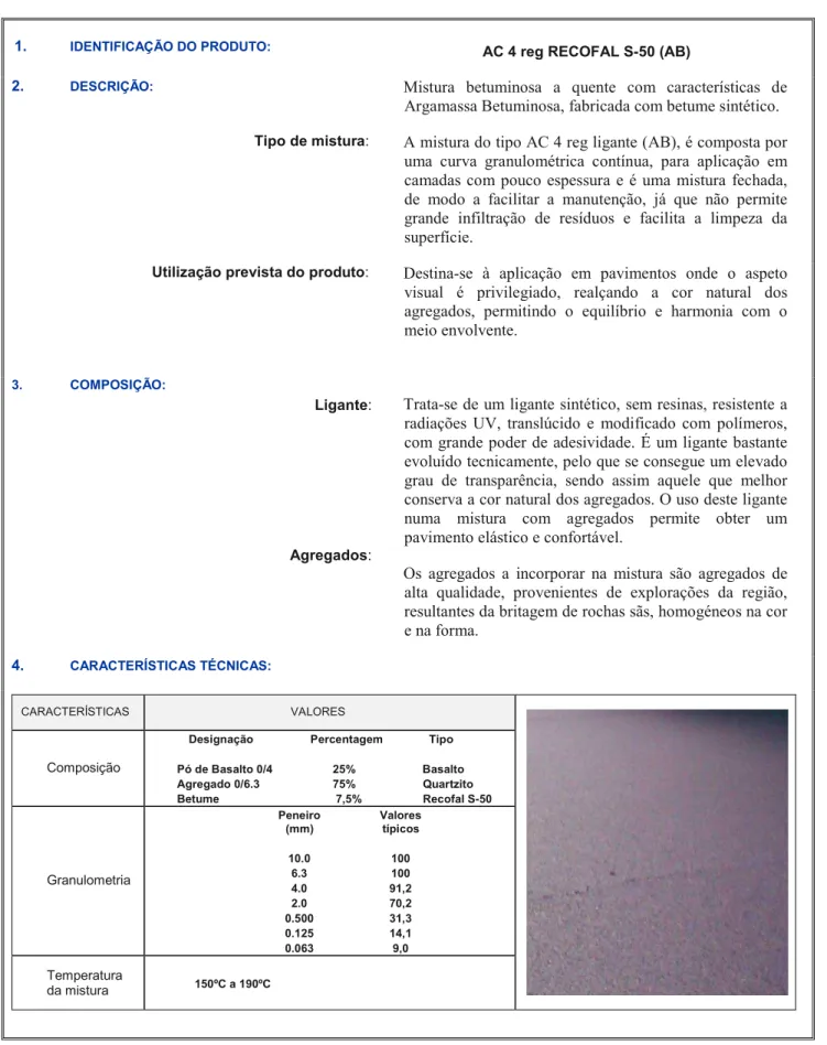 Tabela 4 – Ficha Técnica AC4 reg Recofal S-50 (AB) (Estudo Laboratorial) 