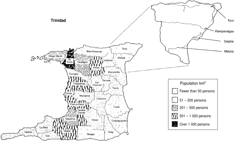 FIGURE 1. Map of Trinidad showing the population density by administrative area, with magnification of sampling areas